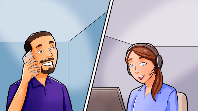 Split image of man talking on phone, and woman with headset in front of a laptop