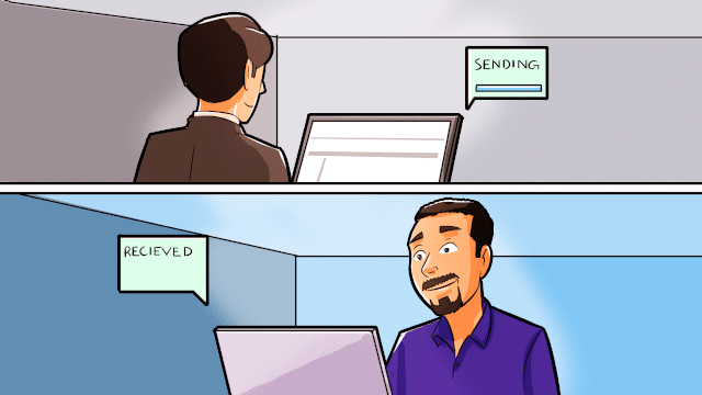 Split image of man behind computer sending a message, and a man behind a computer with the message received