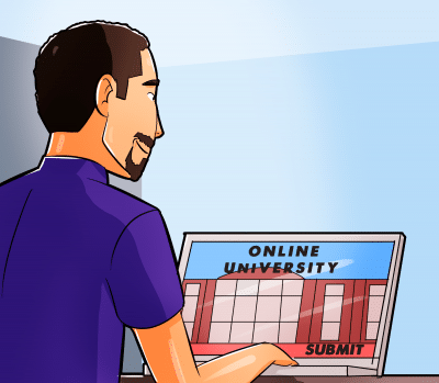 Man at laptop with online university on the screen with a submit button